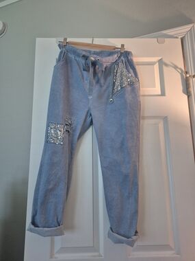 Italian Style Light Blue Sequin Accent Drawstring Joggers
